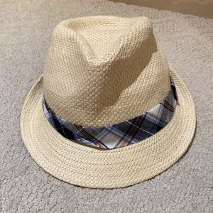 US POLO ASSOCIATION - worn once, wicker fedora with blue patterned stripe